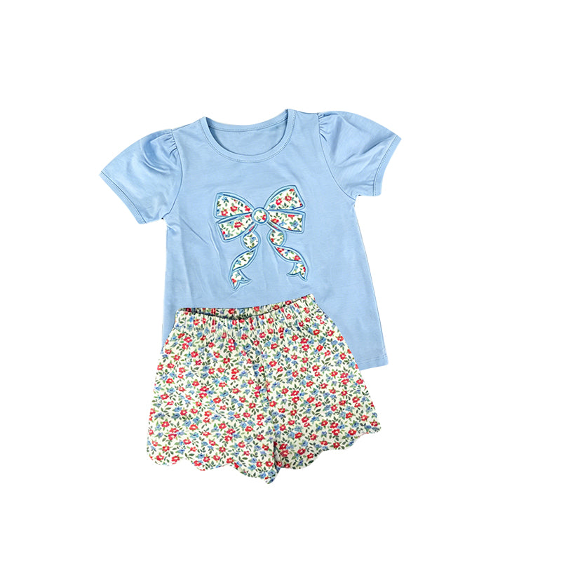 5.6 Toddler Girls Summer Outfit Bow Blue Short Sleeve Top With Floral Shorts Outfit Preorder