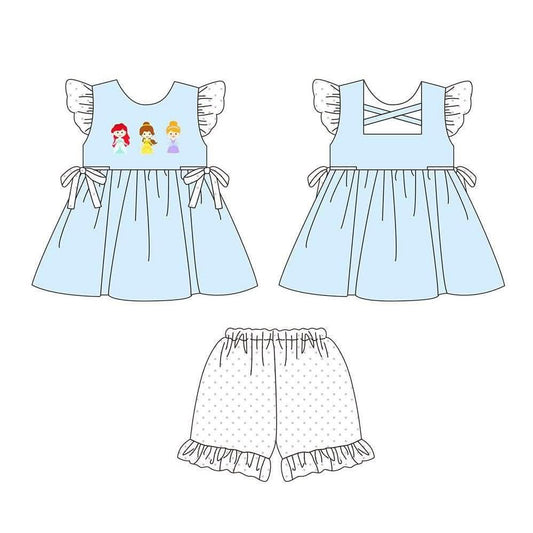 5.8 GSSO3807 Preorder Cartoon Princess Blue Tunic Top Dots Shorts Baby Girls Summer Clothes Set