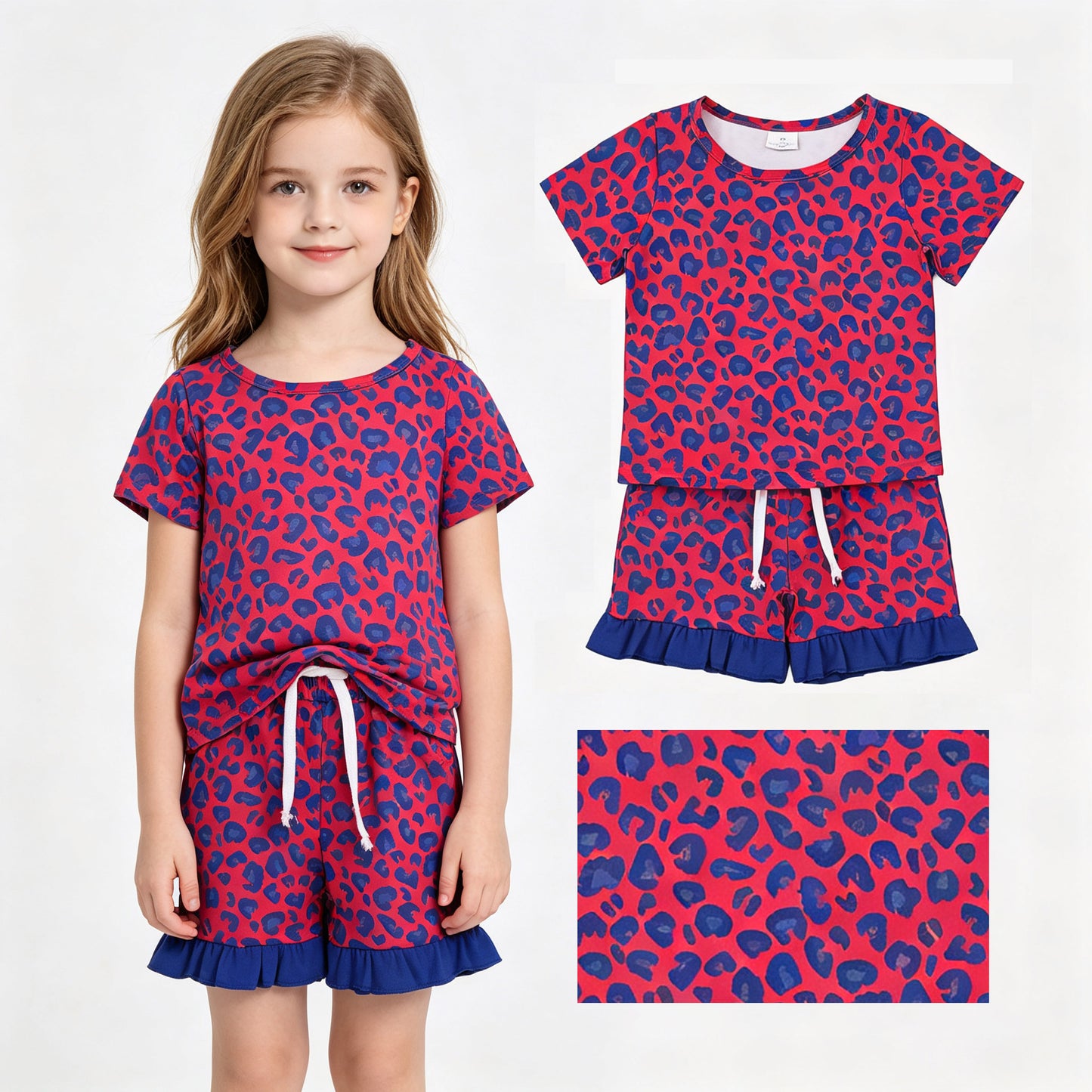 GSSO3811 Red Blue Leopard Top Pockets Shorts Girls Summer Clothes Set