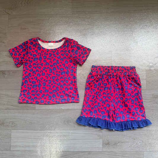 6.29 Preorder GSSO3811 Red Leopard Print Shorts Girls Clothes Set
