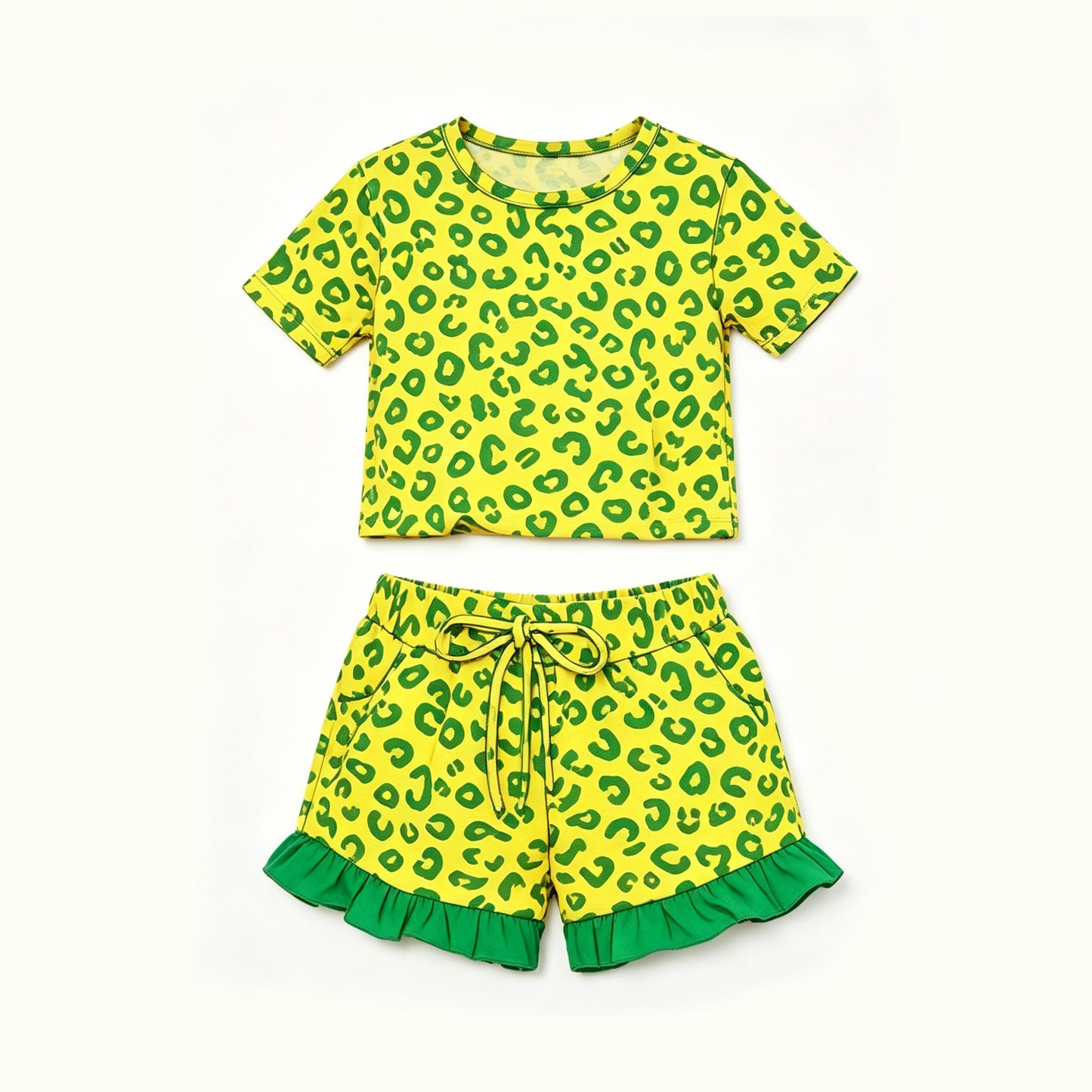 6.29 Preorder GSSO3812 Yellow Green Leopard Print Shorts Girls Clothes Set