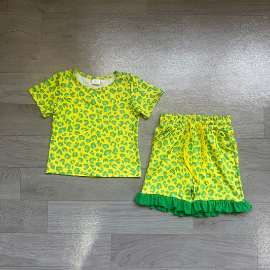 6.29 Preorder GSSO3812 Yellow Green Leopard Print Shorts Girls Clothes Set