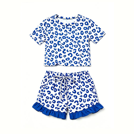 6.29 Preorder GSSO3813 Blue Leopard Print Shorts Girls Clothes Set