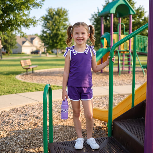 GSSO3814 Teams Checkered Bow Vest Top Purple Pockets Shorts Girls Cotton Summer Clothes Set