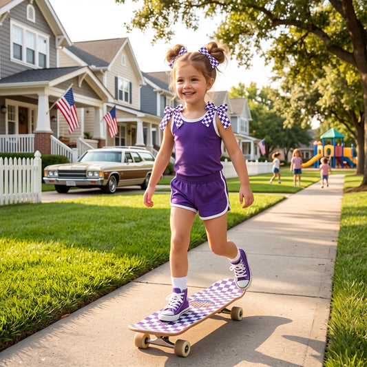 GSSO3814 Teams Checkered Bow Vest Top Purple Pockets Shorts Girls Cotton Summer Clothes Set