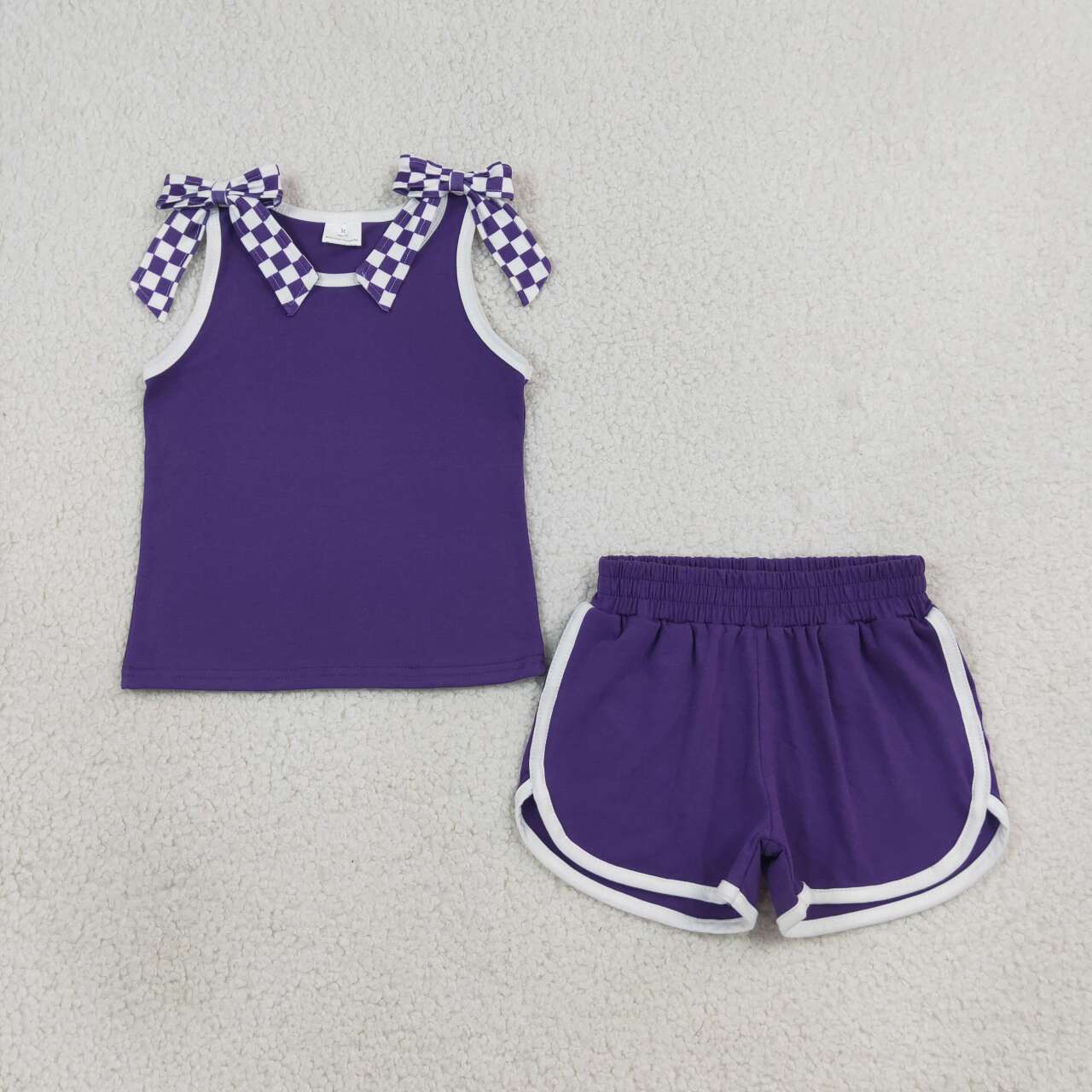 GSSO3814 Teams Checkered Bow Vest Top Purple Pockets Shorts Girls Cotton Summer Clothes Set
