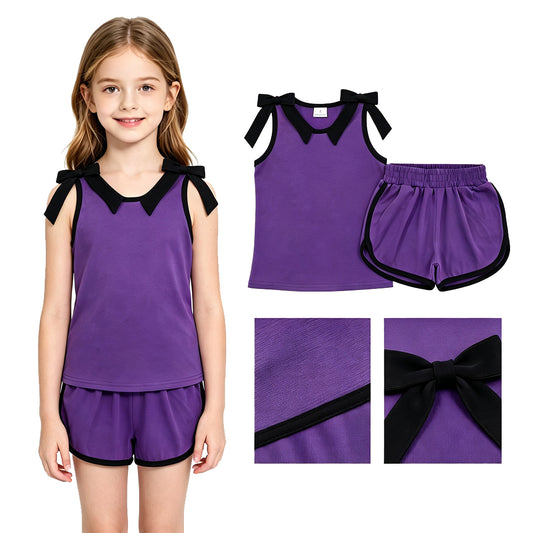 GSSO3815 Teams Black Bow Vest Top Purple Pockets Shorts Girls Cotton Summer Clothes Set