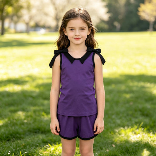 GSSO3815 Teams Black Bow Vest Top Purple Pockets Shorts Girls Cotton Summer Clothes Set