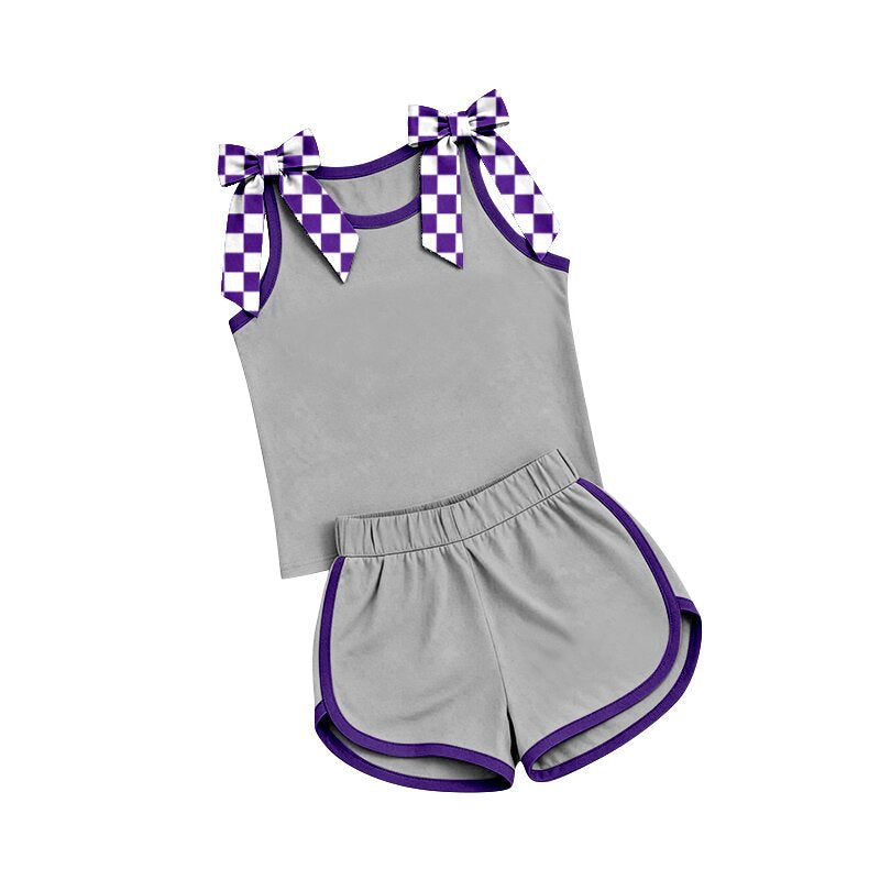 7.2 Preorder Girls Gray Checker Bow Tank & Purple Trim Running Shorts Set