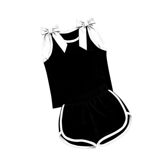7.2 Preorder Girls Black White Bow Tank & White Piping Athletic Shorts Set