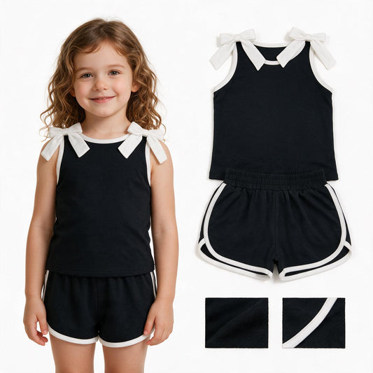 GSSO3817 Teams White Bow Vest Top Black Pockets Shorts Girls Cotton Summer Clothes Set