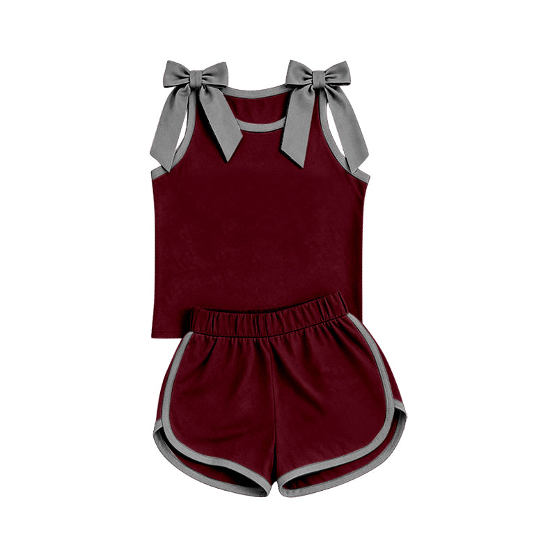 7.4 Preorder Girls Grey Bow Dark Red Strap Tank &  Shorts 2 Piece Outfit