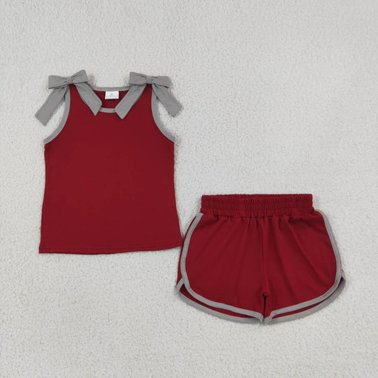GSSO3820 Teams Grey Bow Vest Top Wine Pockets Shorts Girls Cotton Summer Clothes Set