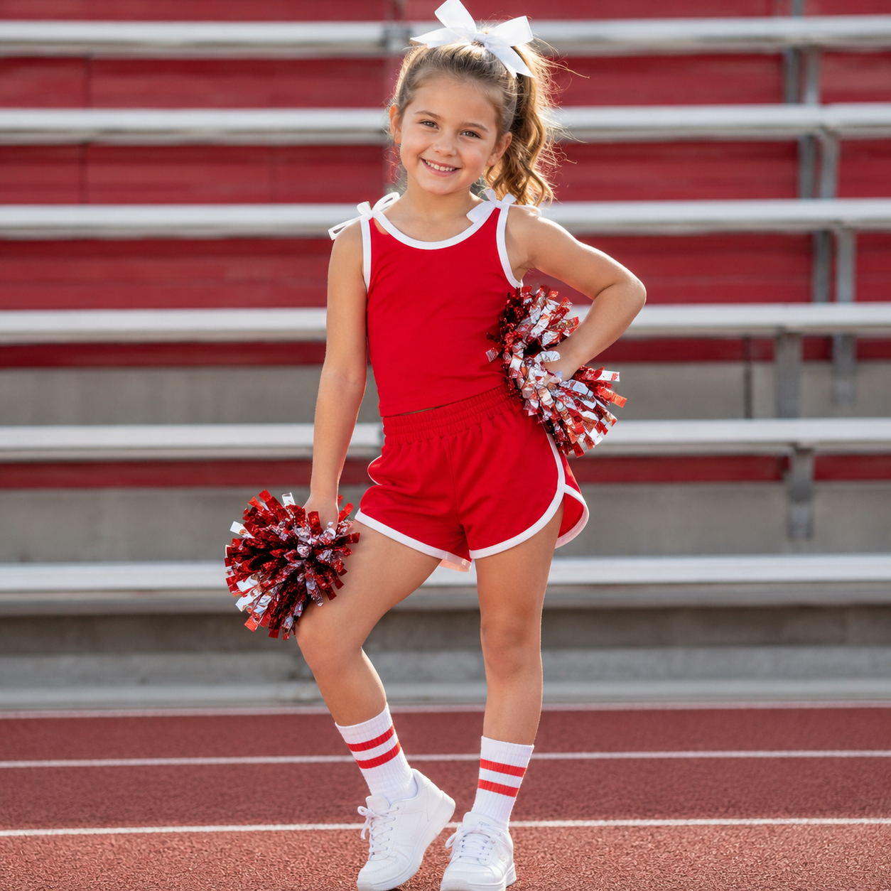 GSSO3821 Teams White Bow Vest Top Red Pockets Shorts Girls Cotton Summer Clothes Set