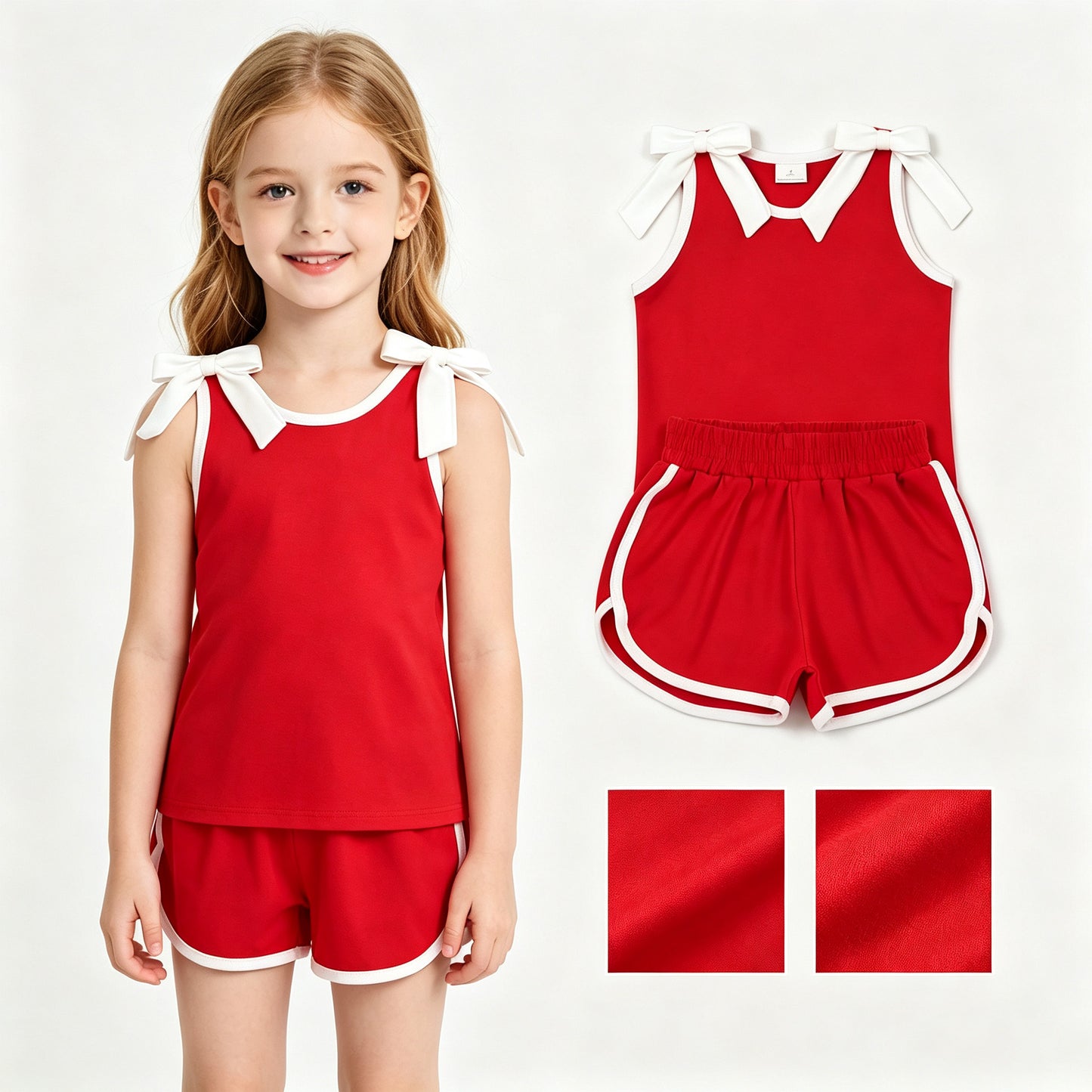 GSSO3821 Teams White Bow Vest Top Red Pockets Shorts Girls Cotton Summer Clothes Set