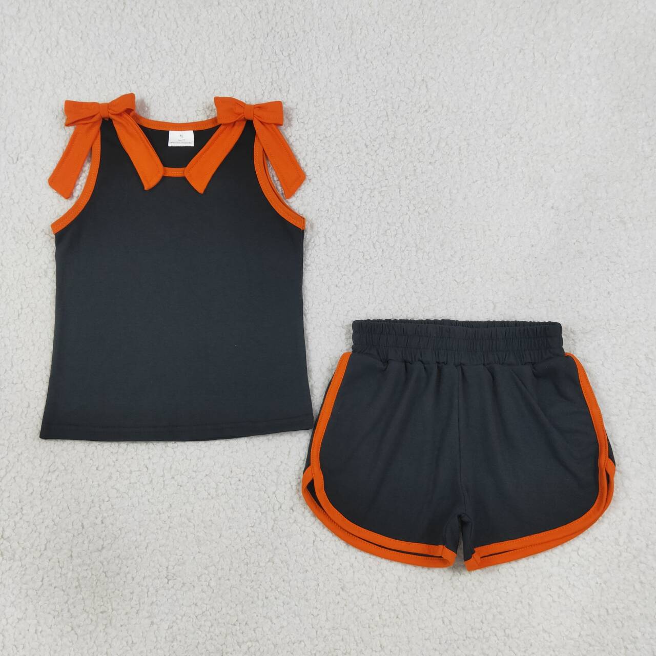 GSSO3822 Teams Orange Bow Vest Top Black Pockets Shorts Girls Cotton Summer Clothes Set