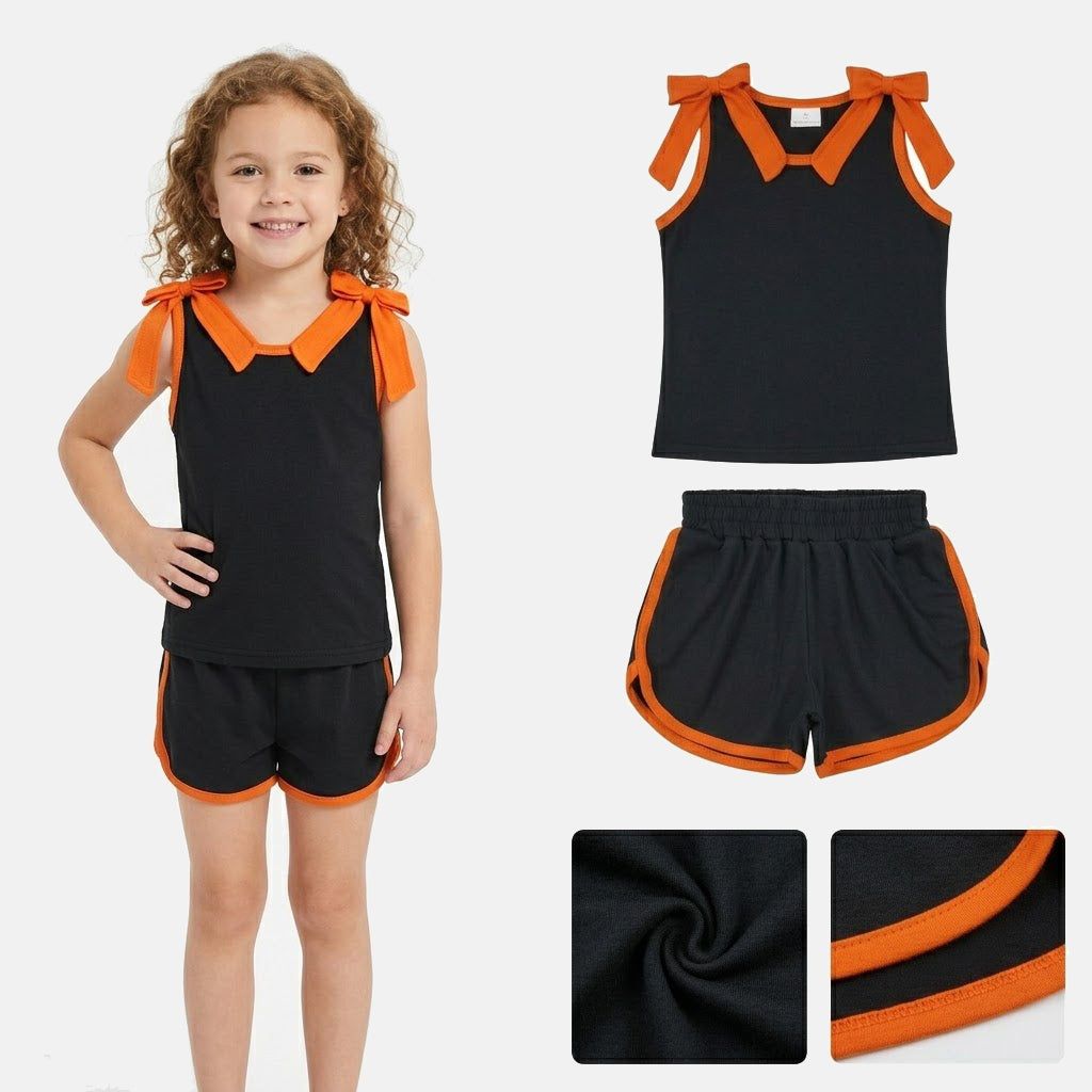 GSSO3822 Teams Orange Bow Vest Top Black Pockets Shorts Girls Cotton Summer Clothes Set