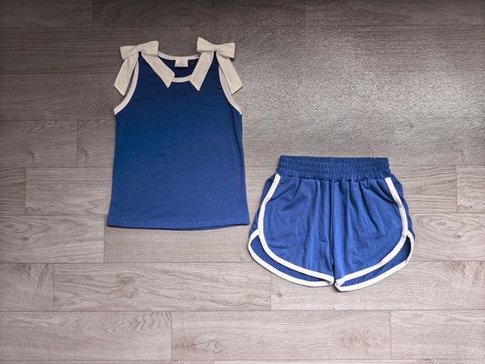 7.4 GSSO3824 Preorder Teams White Bow Tank & Blue Shorts Girls Cotton Outfits