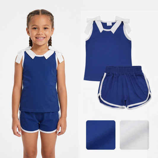 GSSO3824 Teams White Bow Vest Top Blue Pockets Shorts Girls Cotton Summer Clothes Set