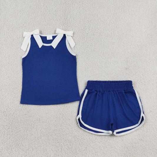 GSSO3824 Teams White Bow Vest Top Blue Pockets Shorts Girls Cotton Summer Clothes Set