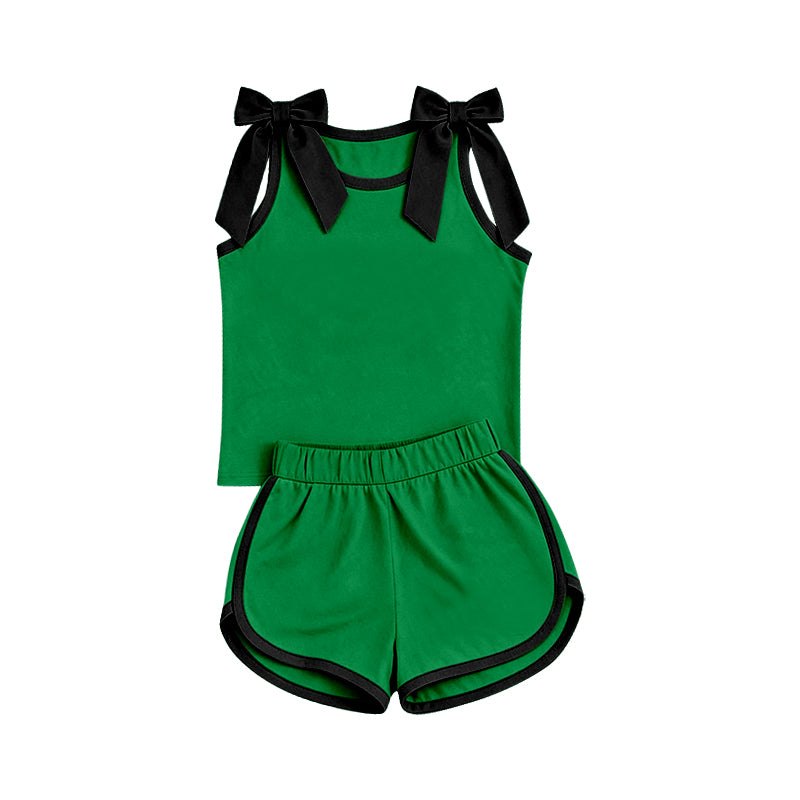 7.4 Preorder Girls Black Bow Strap Tank &  Green Shorts 2 Piece Outfit