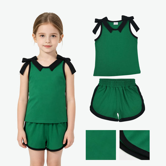 GSSO3825 Teams Black Bow Vest Top Green Pockets Shorts Girls Cotton Summer Clothes Set