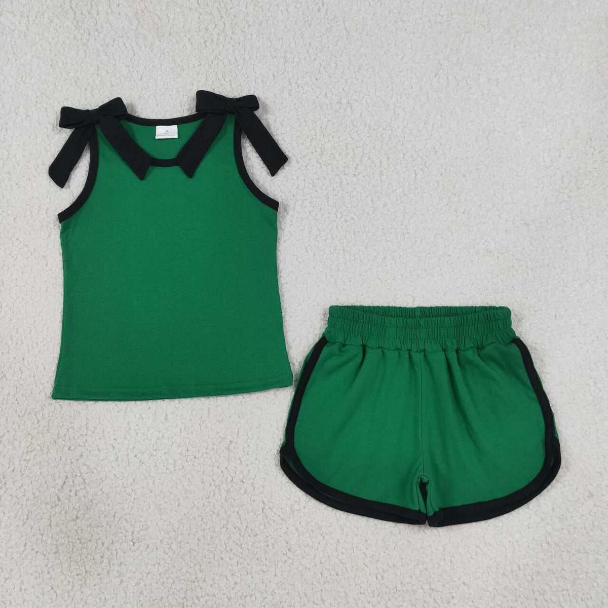 GSSO3825 Teams Black Bow Vest Top Green Pockets Shorts Girls Cotton Summer Clothes Set