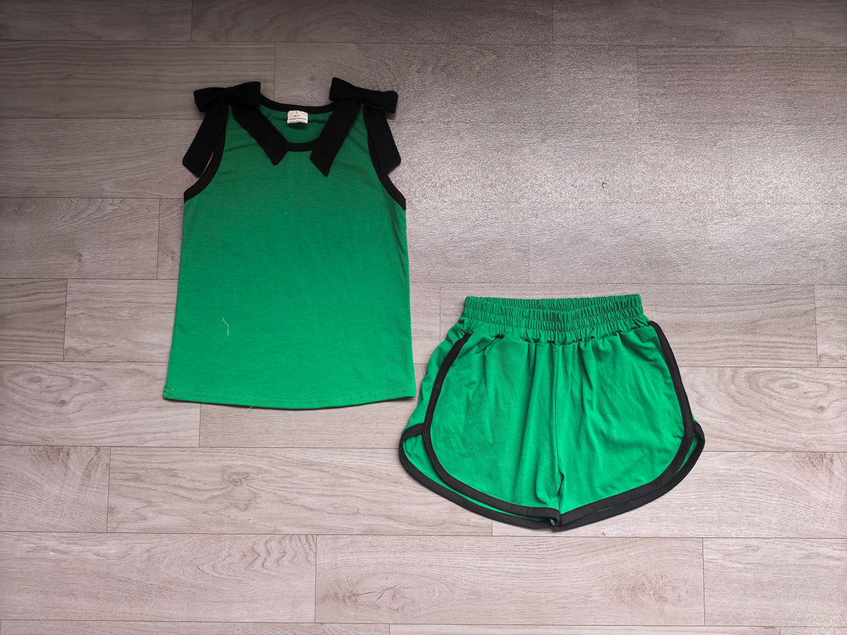 7.4 GSSO3825 Preorder Girls Black Bow Strap Tank &  Green Shorts 2 Piece Outfit