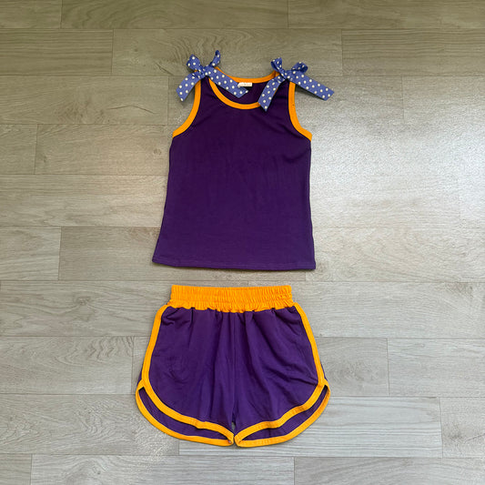 7.4 GSSO3826 Preorder Girls Purple Polka Dot Bow Strap Tank &  Shorts 2 Piece Outfit