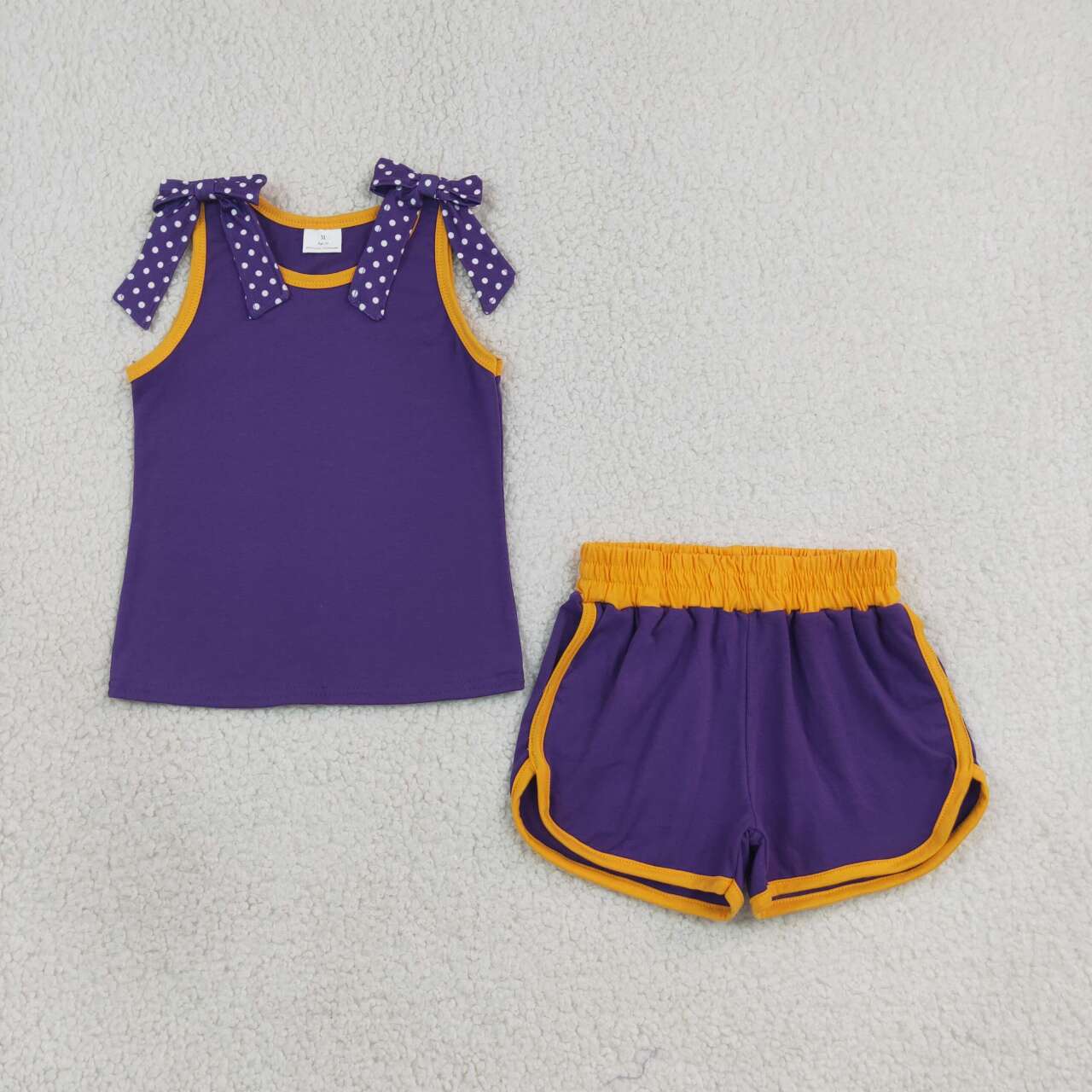 GSSO3826 Teams Purple Dots Bow Vest Top Pockets Shorts Girls Cotton Summer Clothes Set