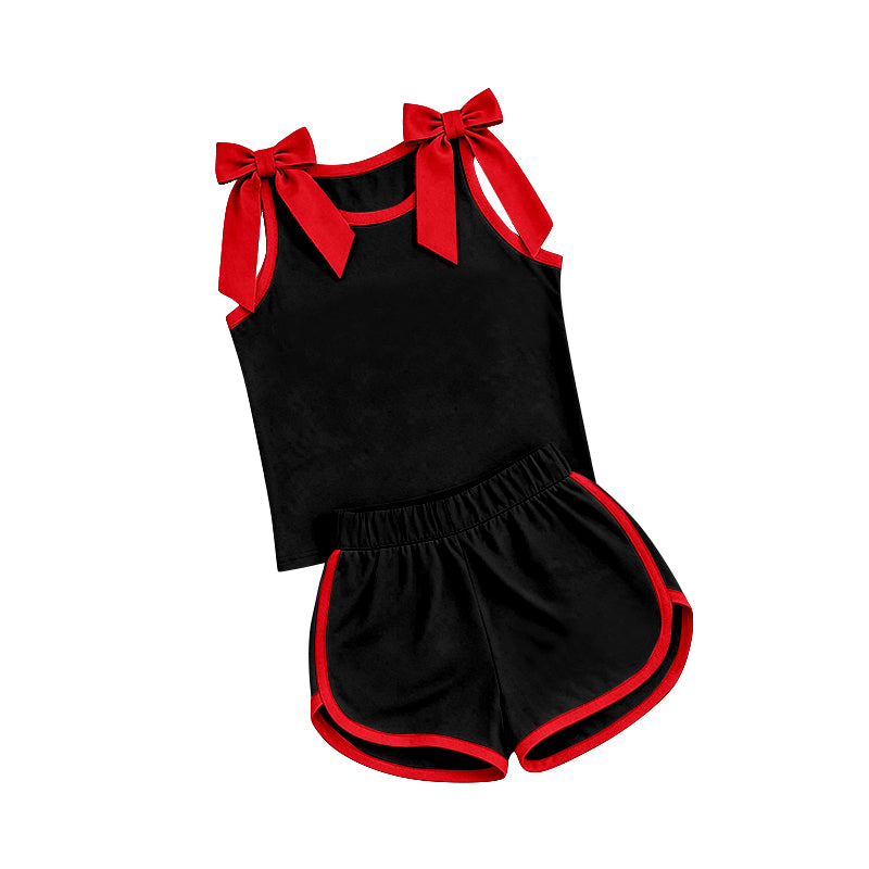 7.4 Preorder Girls Red Bow Strap Tank &  Black Shorts 2 Piece Outfit