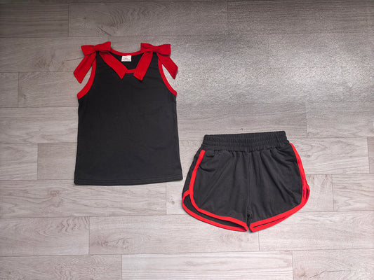 7.4 GSSO3827 Preorder Girls Red Bow Strap Tank &  Black Shorts 2 Piece Outfit