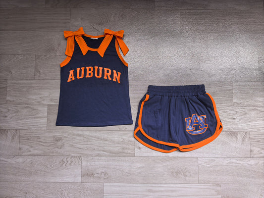 7.4 Preorder  Girls  Auburn Orange Bow Navy Strap Tank &  Shorts 2 Piece Vinyl Outfit