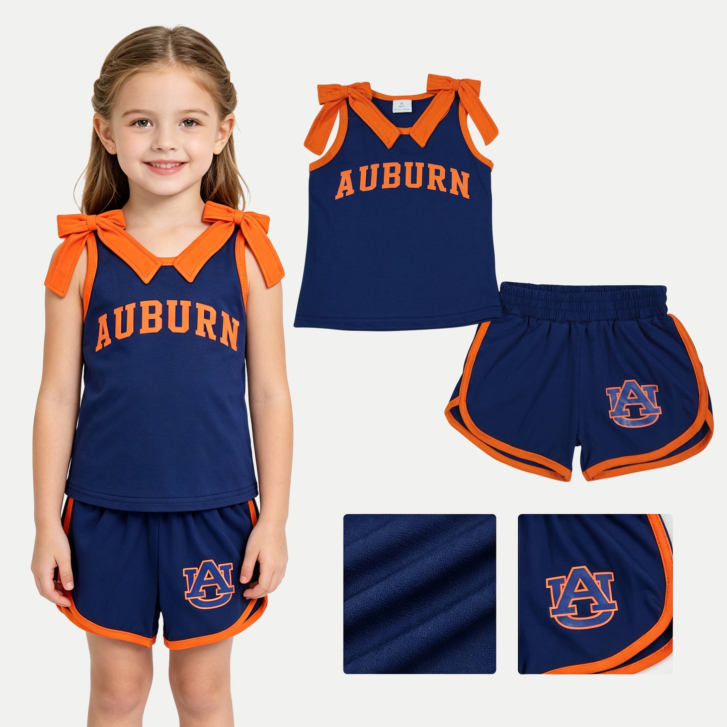 GSSO3828 Teams Auburn Vinyl Bows Navy Vest Top Pockets Shorts Girls Cotton Clothes Set