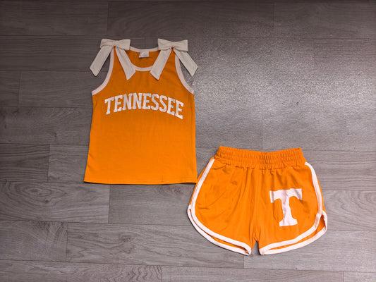 7.4  Preorder Girls Tennessee White Bow Orange Strap Tank &  Shorts 2 Piece Vinyl Outfit