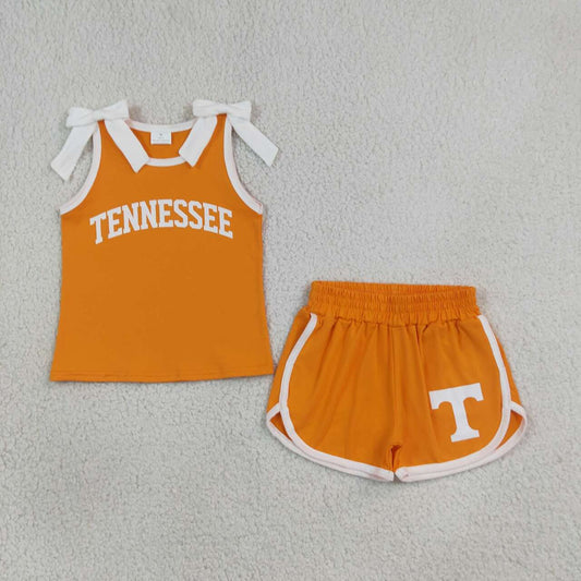 GSSO3829 Teams Tennessee Vinyl Bows Orange Vest Top Pockets Shorts Girls Cotton Clothes Set