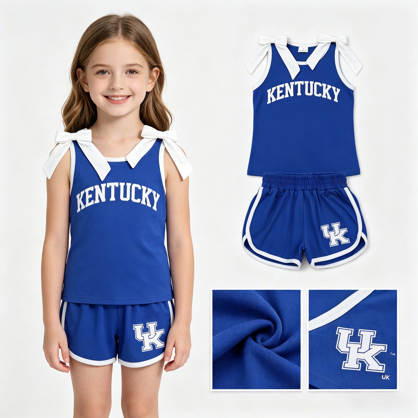 GSSO3830 Teams Kentucky Vinyl Bows Blue Vest Top Pockets Shorts Girls Cotton Clothes Set