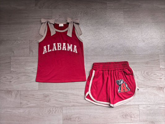 7.4 GSSO3831 Preorder Girls Alabama Bow Strap Tank & Contrast Trim Shorts 2 Piece Vinyl Outfit