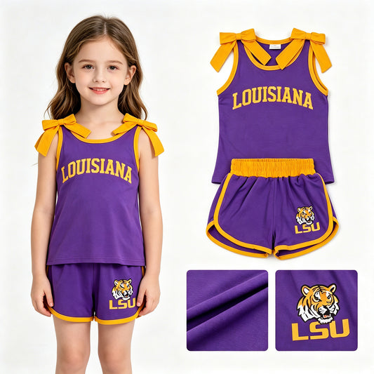 GSSO3832 Teams Louisiana Vinyl Bows Purple Vest Top Pockets Shorts Girls Cotton Clothes Set