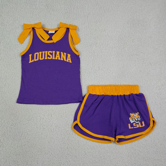 GSSO3832 Teams Louisiana Vinyl Bows Purple Vest Top Pockets Shorts Girls Cotton Clothes Set