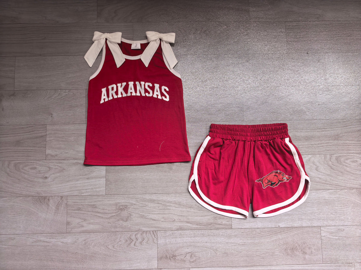 7.4 GSSO3833 Preorder Girls Arkansas White Bow Red Strap Tank &  Shorts 2 Piece Vinyl Outfit