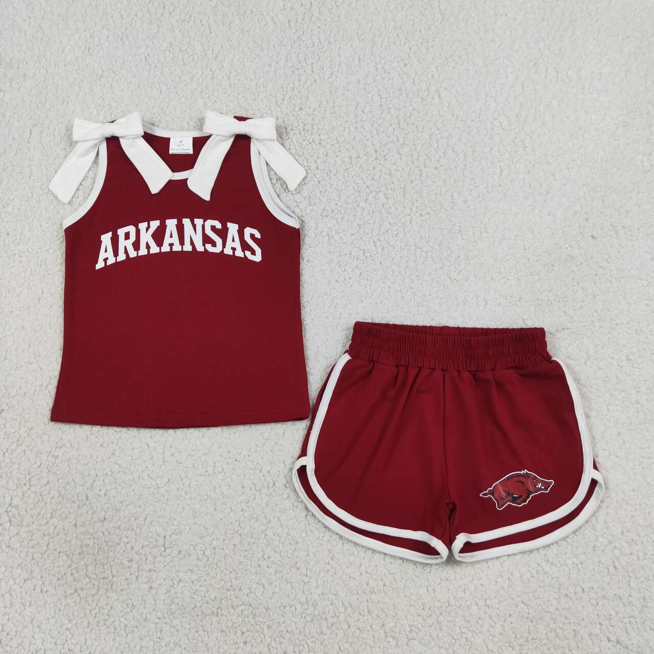 GSSO3833 Teams Arkansas Vinyl Bows Wine Vest Top Pockets Shorts Girls Cotton Clothes Set