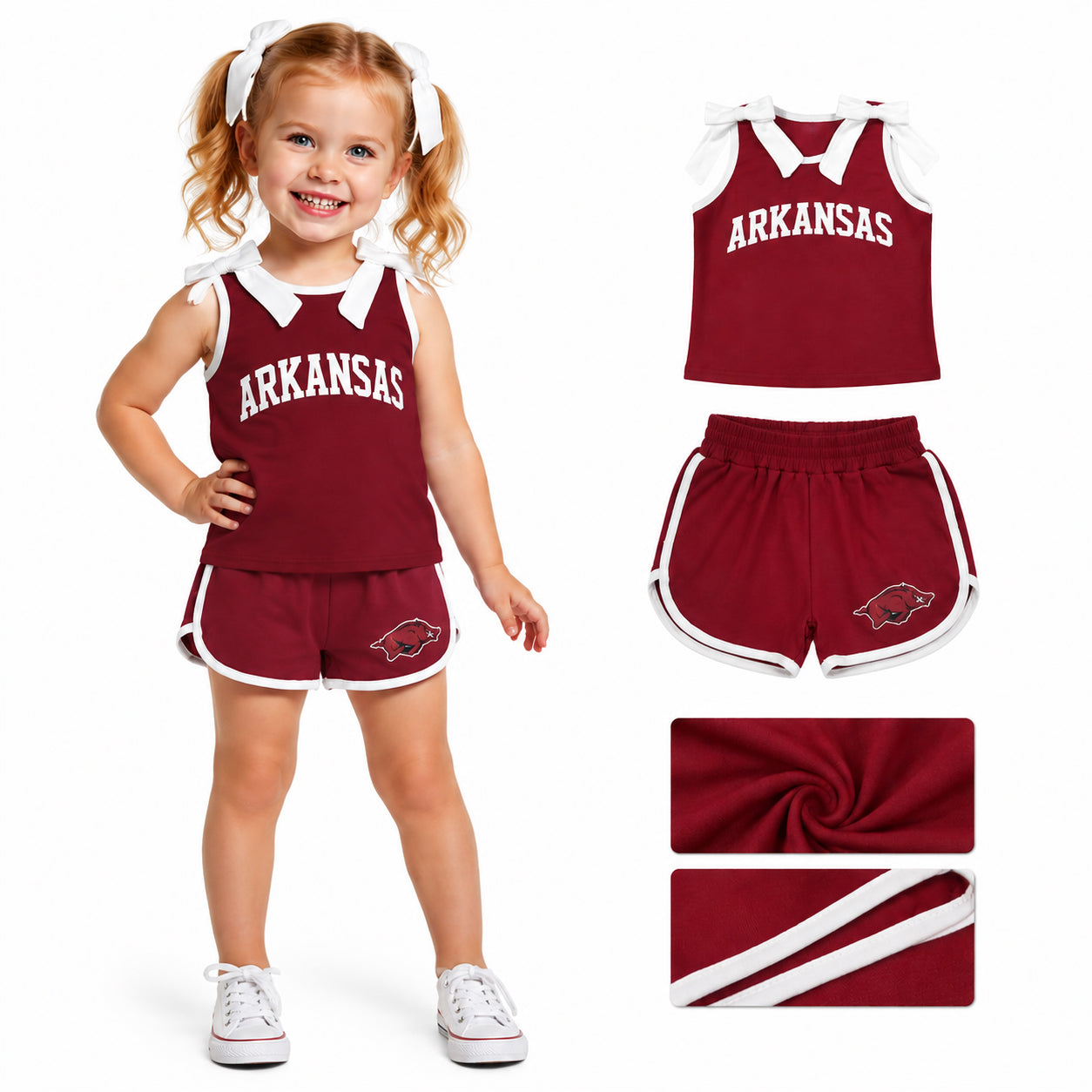 GSSO3833 Teams Arkansas Vinyl Bows Wine Vest Top Pockets Shorts Girls Cotton Clothes Set