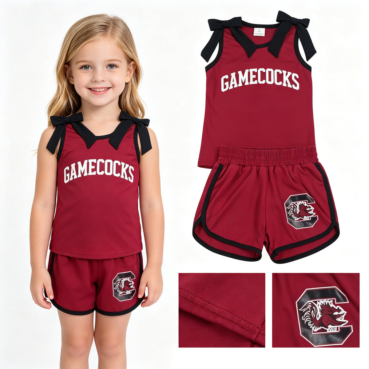 GSSO3835 Teams Gamecocks Vinyl Bows Wine Vest Top Pockets Shorts Girls Cotton Clothes Set