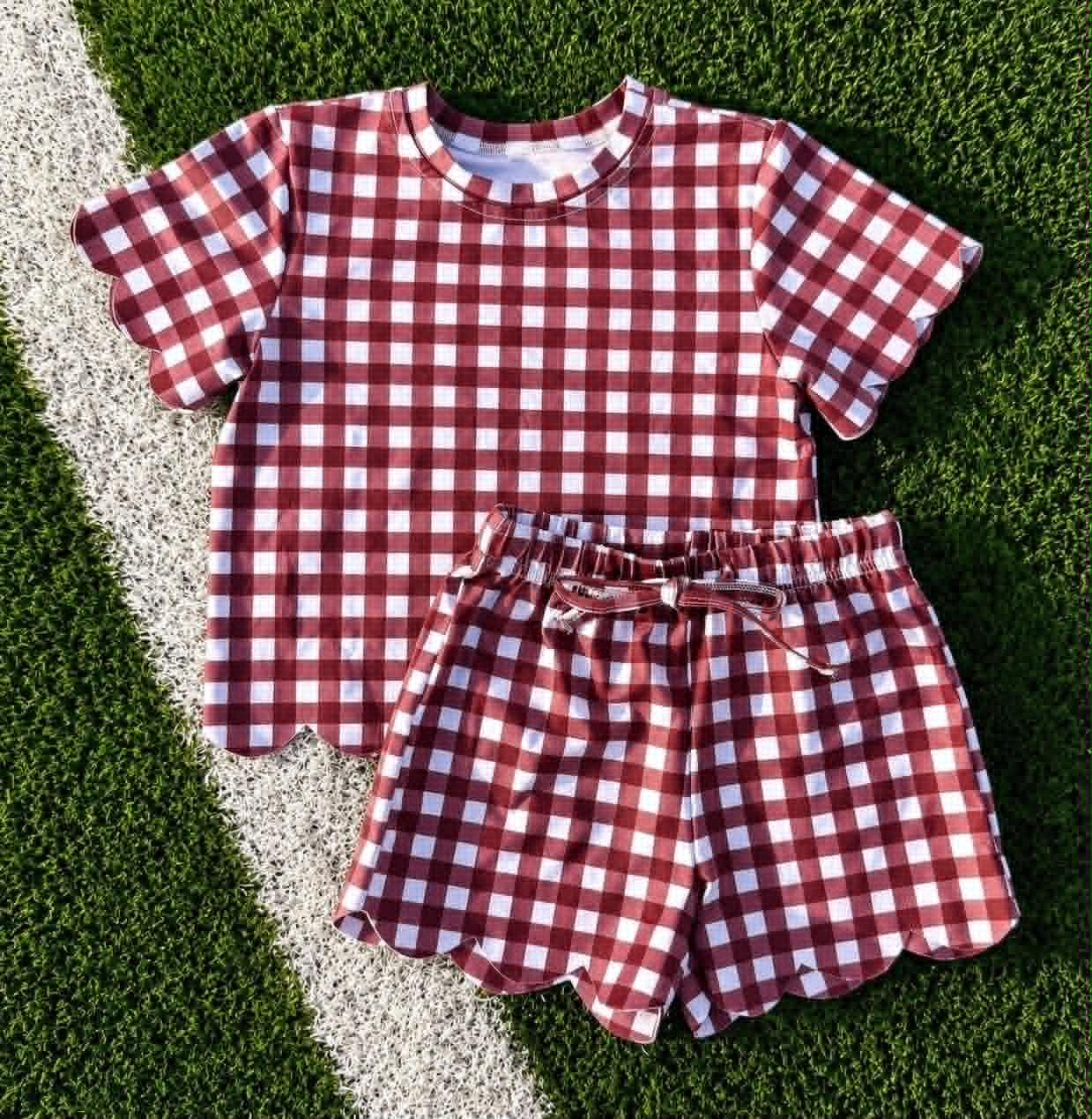 7.6 Preorder Girls Dark Red Gingham Scalloped Shorts Sets