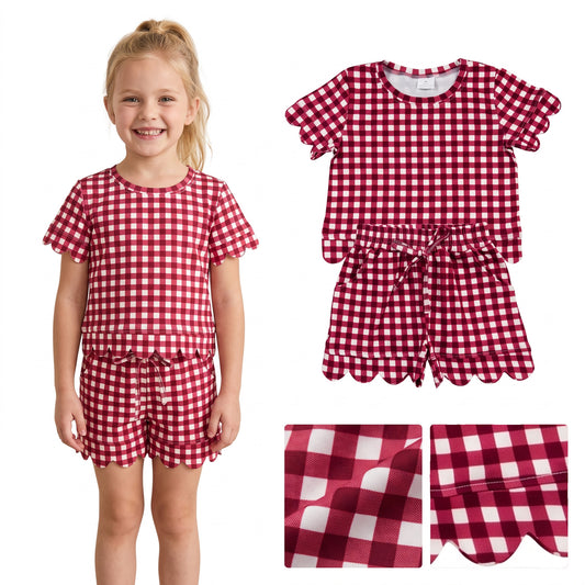 GSSO3836 Wine Checkered Print Pockets Shorts Girls Summer Scallop Clothes Set