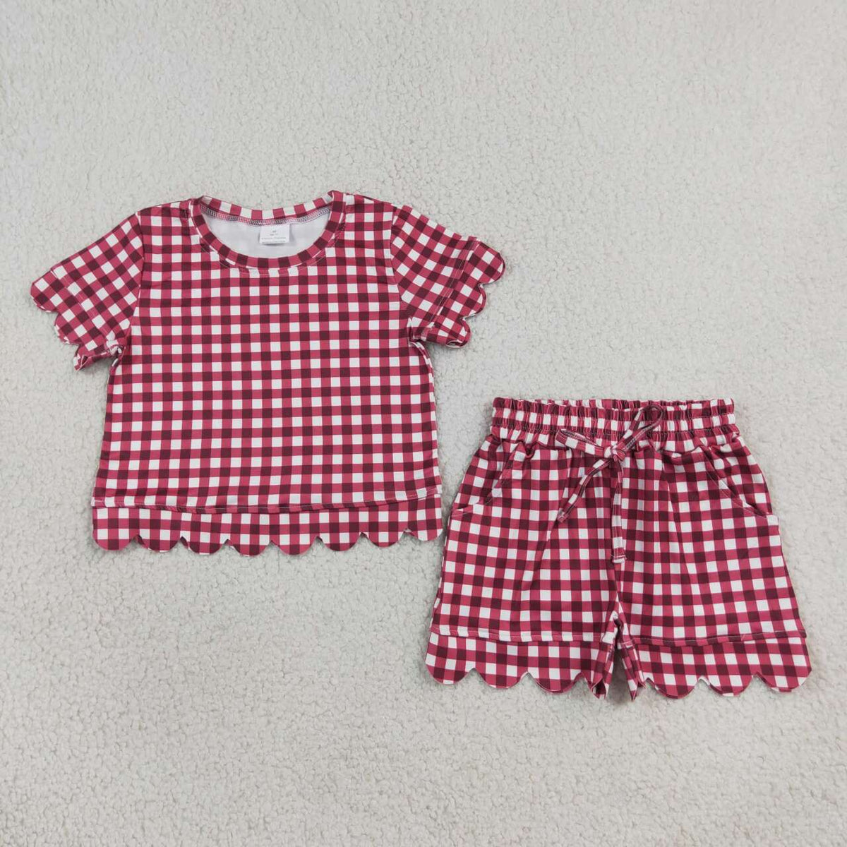 GSSO3836 Wine Checkered Print Pockets Shorts Girls Summer Scallop Clothes Set
