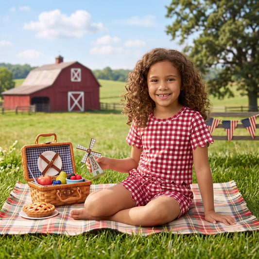 GSSO3836 Wine Checkered Print Pockets Shorts Girls Summer Scallop Clothes Set
