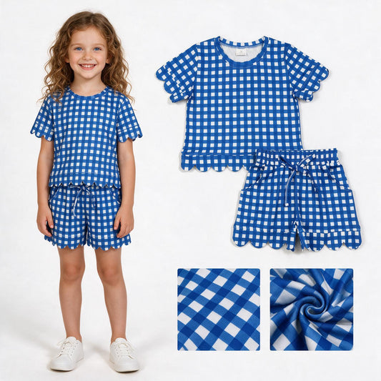 GSSO3837 Royalblue Checkered Print Pockets Shorts Girls Summer Scallop Clothes Set