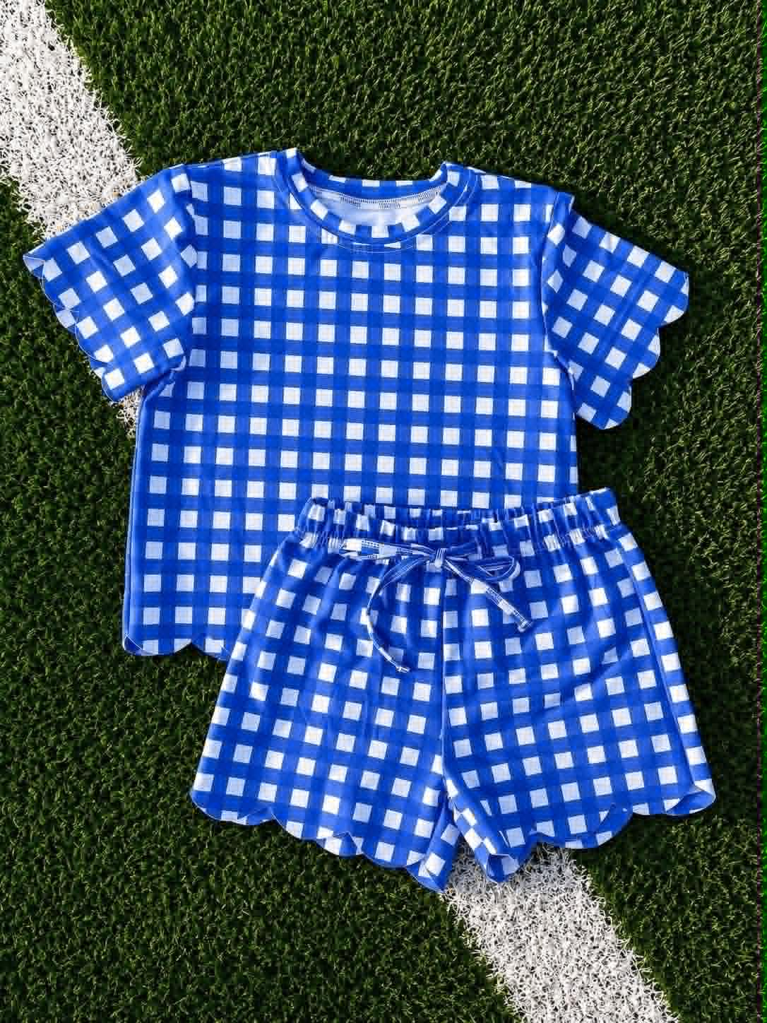 7.6 Preorder Girls Royalblue  Gingham Scalloped Shorts Sets